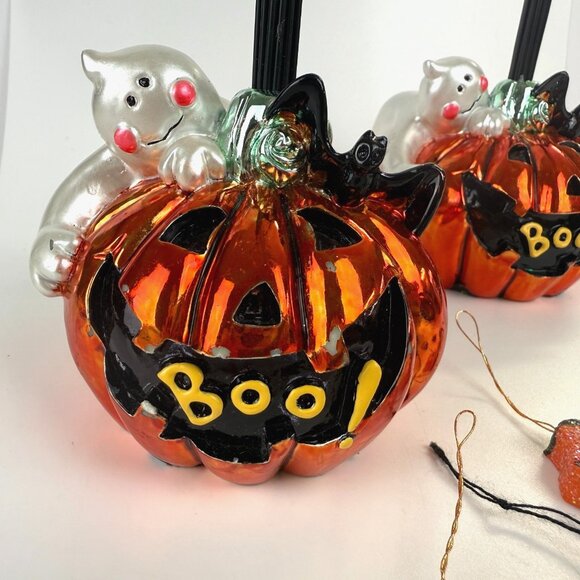 Wire Halloween Tree Pumpkin Jack o'lantern Ghost Boo! Bat w/Ornaments Pair of 2 - Picture 3 of 16